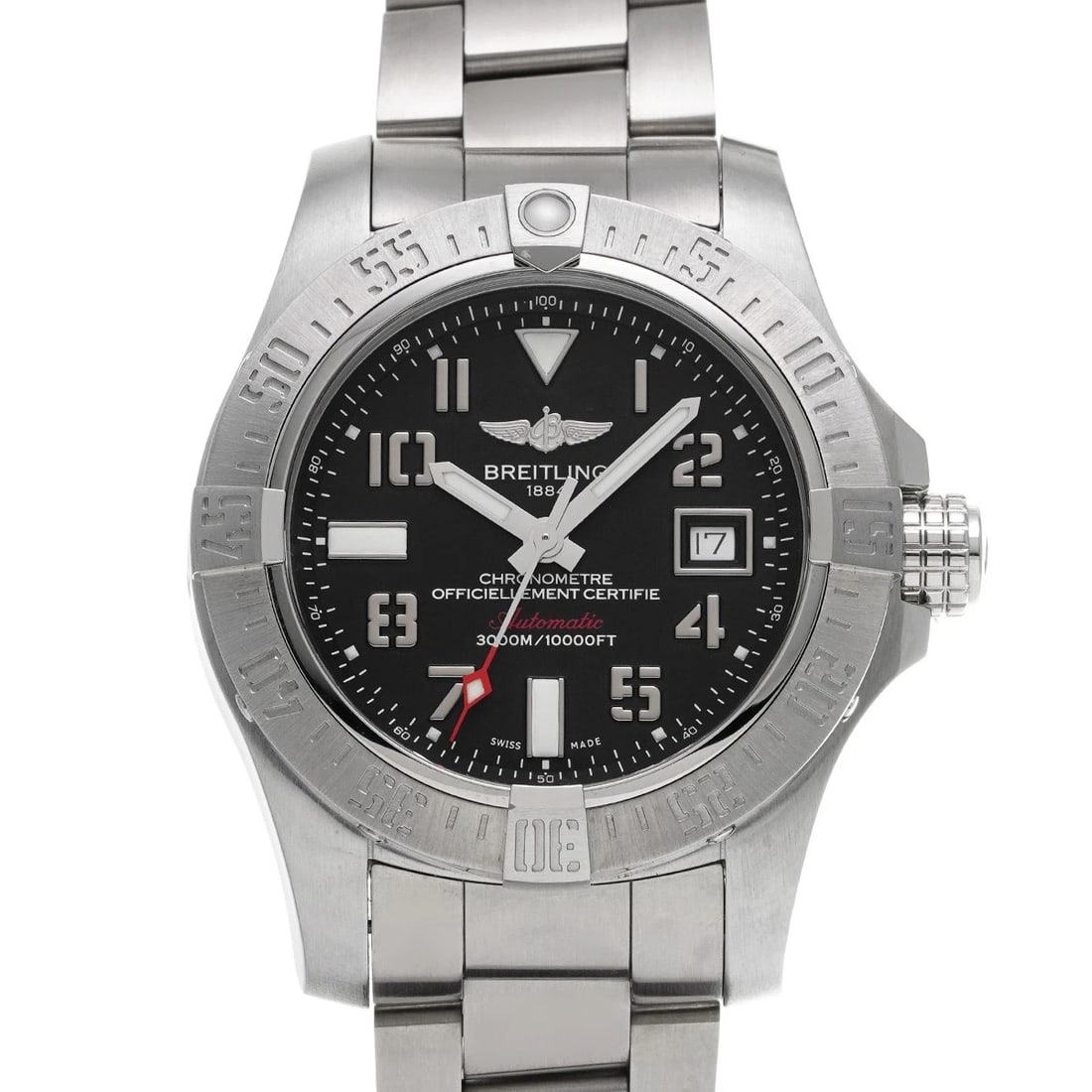 BREITLING AVENGER BLACK WATCH: BREITLING Avenger black Watch Brand: BREITLING Type: Wristwatch Material: Band Material Stainless steel, Case Material Stainless steel Color: Dial Color black Size: ??Case? H/about 45mm W/about 45mm D