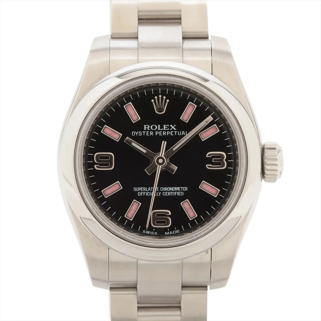 ROLEX OYSTER PERPETUAL BLACK DIAL WATCH: Rolex Oyster Perpetual Black Dial Watch Brand: Rolex Type: Wristwatch Material: SS Color: Dial Color Black Size: Case:W0.8 x H0.8inch / W26 x H26Circumference of Wrist:6.3inch / 16 Accessories: No