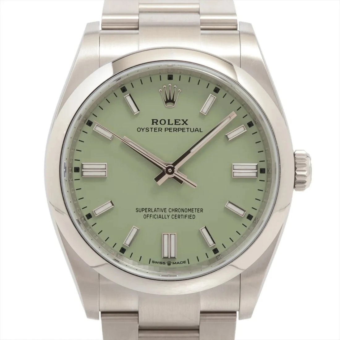 ROLEX OYSTER PERPETUAL PISTACHIO DIAL WATCH: Rolex Oyster Perpetual Pistachio Dial Watch Brand: Rolex Type: Wristwatch Material: SS Color: Dial Color pistachio Size: Case:W1.2 x H1.2inch / W36 x H36Circumference of Wrist:6.7inch / 17 Accesso