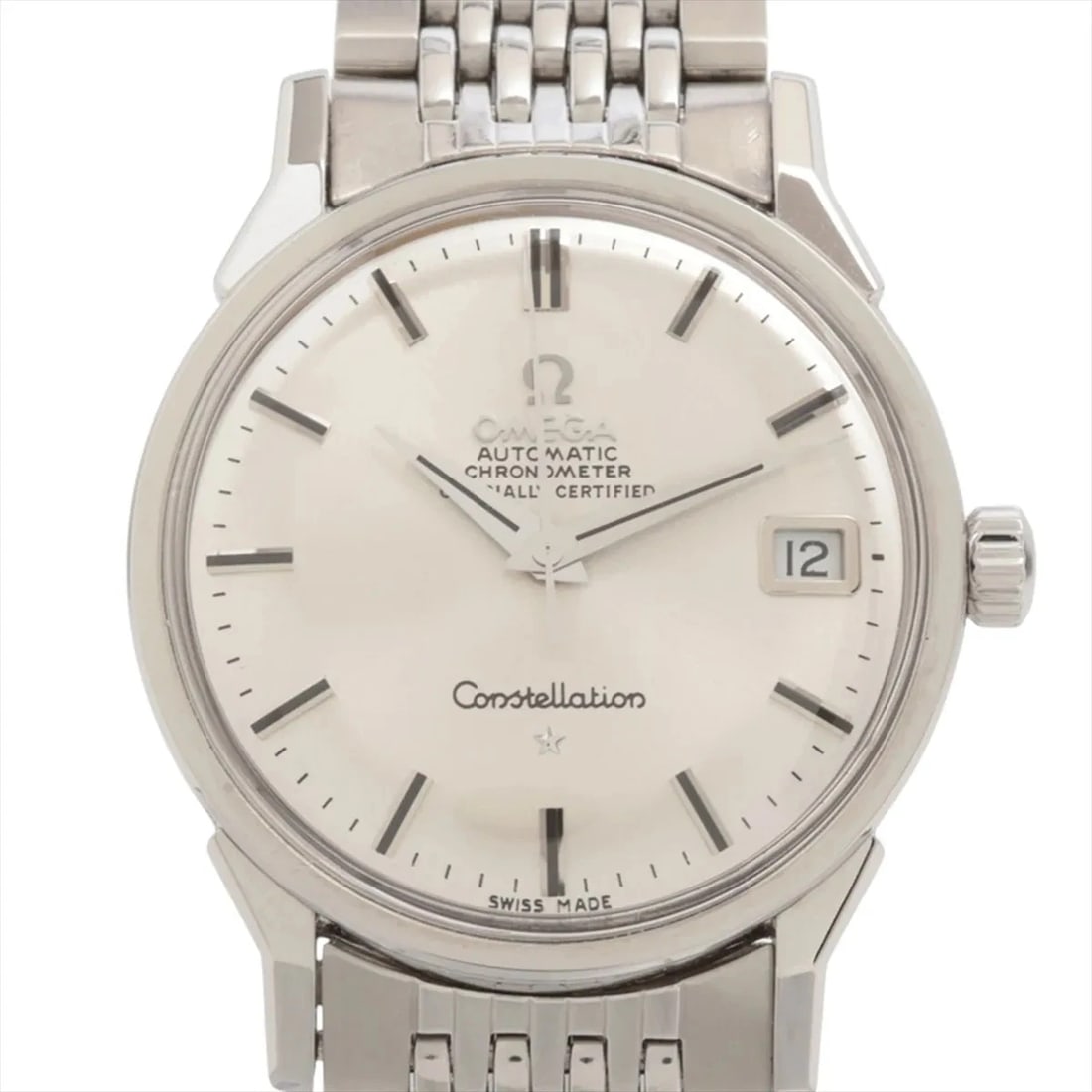 OMEGA CONSTELLATION SILVER-FACE WATCH: Omega Constellation Silver-Face Watch Brand: Omega Type: Wristwatch Material: SS Color: Dial Color silver Size: Case:W1.2 x H1.2inch / W34 x H34Circumference of Wrist:6.5inch / 16.5 Accessories: N