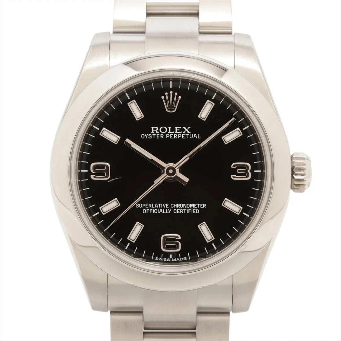 ROLEX OYSTER PERPETUAL BLACK DIAL WATCH: Rolex Oyster Perpetual Black Dial Watch Brand: Rolex Type: Wristwatch Material: SS Color: Dial Color Black Size: Case:W1.2 x H1.2inch / W31 x H31Circumference of Wrist:6.9inch / 17.5 Accessories: