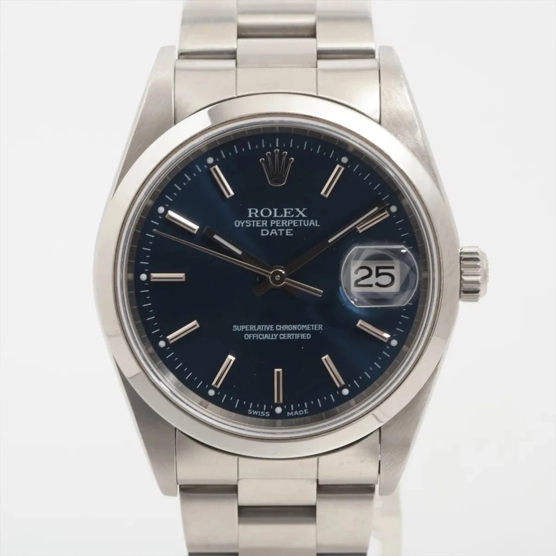 ROLEX OYSTER PERPETUAL DATE BLUE DIAL WATCH: Rolex Oyster Perpetual Date Blue Dial Watch Brand: Rolex Type: Wristwatch Material: SS Color: Dial Color blue Size: Case:W1.2 x H1.2inch / W34 x H34Circumference of Wrist:5.3inch / 13.5 Accessorie