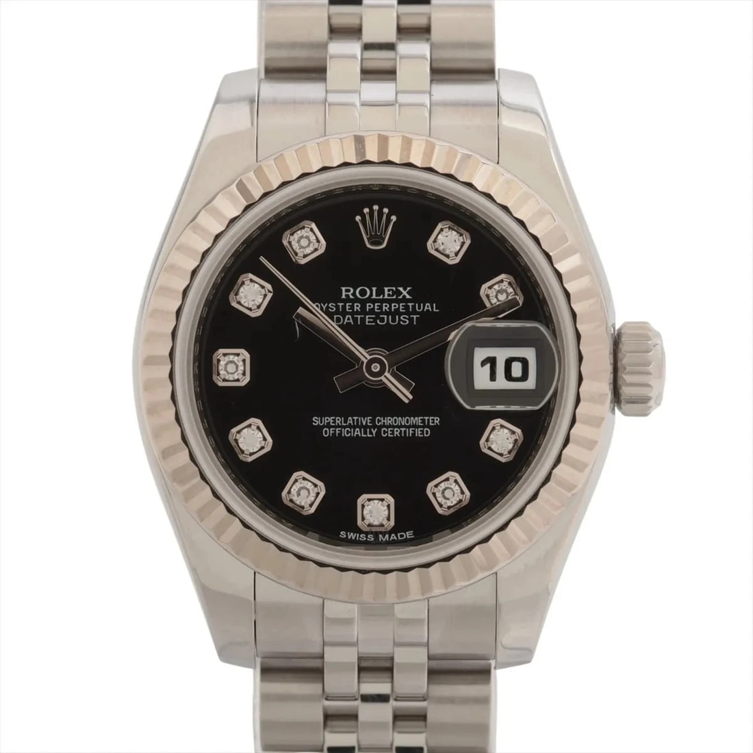 ROLEX LADY DATEJUST BLACK DIAL WATCH: Rolex Lady Datejust Black Dial Watch Brand: Rolex Type: Wristwatch Material: SS×WG Color: Dial Color Black Size: Case:W0.8 x H0.8inch / W26 x H26Circumference of Wrist:6.1inch / 15.5 Accessories: