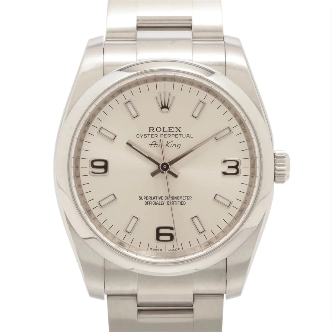 ROLEX AIR-KING SILVER-FACE WATCH: Rolex Air-King Silver-Face Watch Brand: Rolex Type: Wristwatch Material: SS Color: Dial Color silver Size: Case:W1.2 x H1.2inch / W34 x H34Circumference of Wrist:7.1inch / 18 Accessories: None