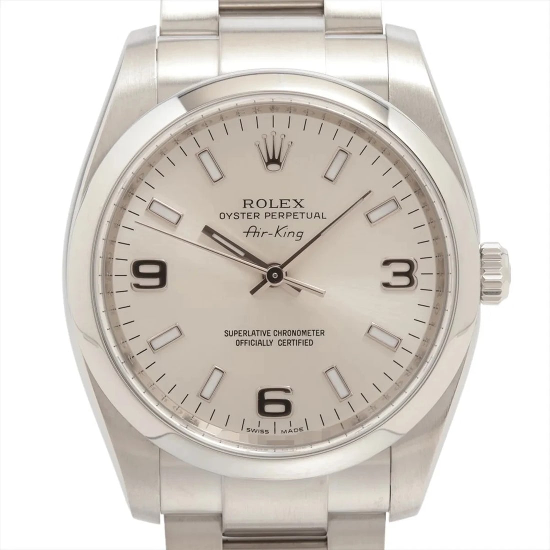 ROLEX AIR-KING SILVER-FACE WATCH: Rolex Air-King Silver-Face Watch Brand: Rolex Type: Wristwatch Material: SS Color: Dial Color blue Size: Case:W1.2 x H1.2inch / W34 x H34Circumference of Wrist:7.1inch / 18 Accessories: None <