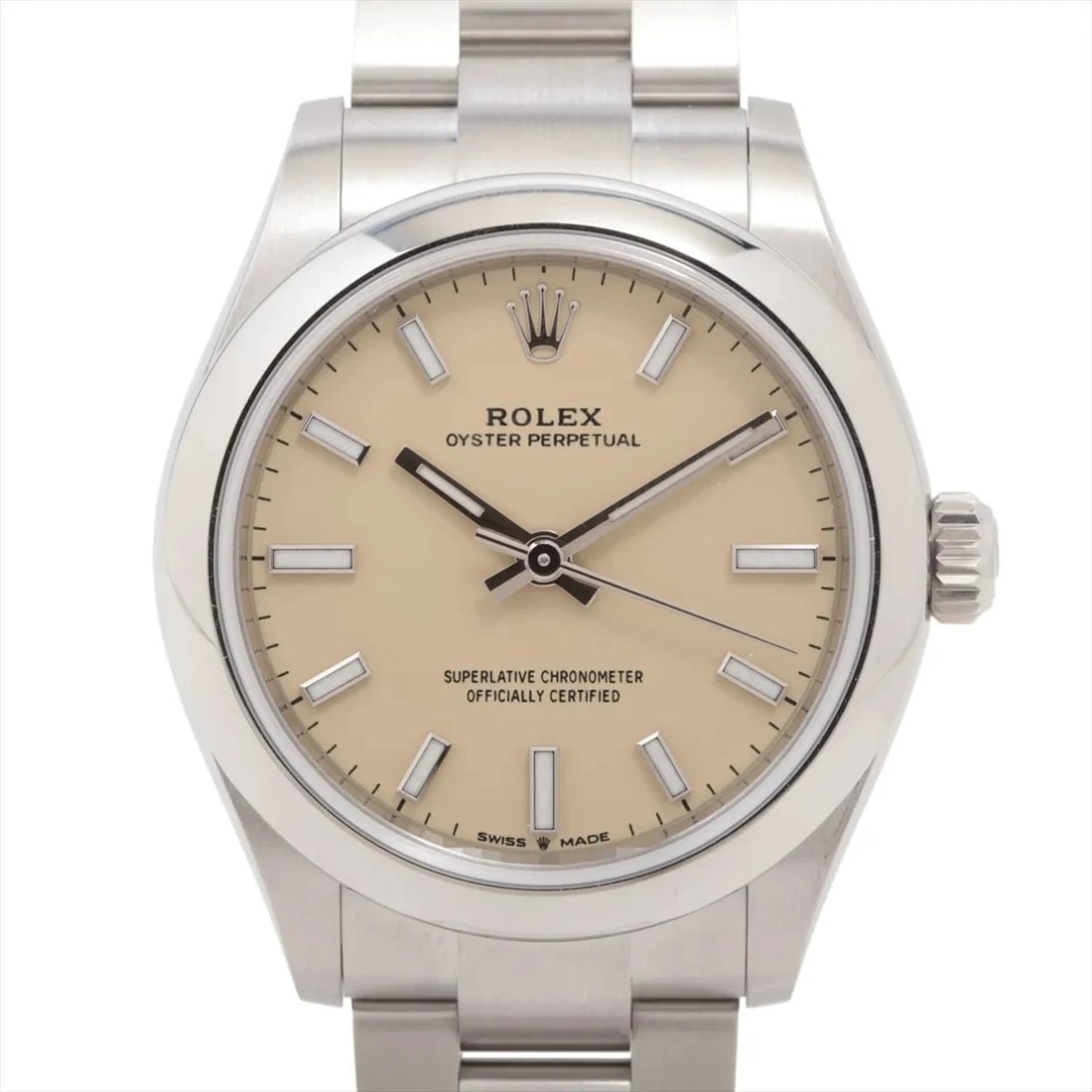 ROLEX OYSTER PERPETUAL BEIGE DIAL WATCH: Rolex Oyster Perpetual Beige Dial Watch Brand: Rolex Type: Wristwatch Material: SS Color: Dial Color beige Size: Case:W1.2 x H1.2inch / W31 x H31Circumference of Wrist:5.7inch / 14.5 Accessories: