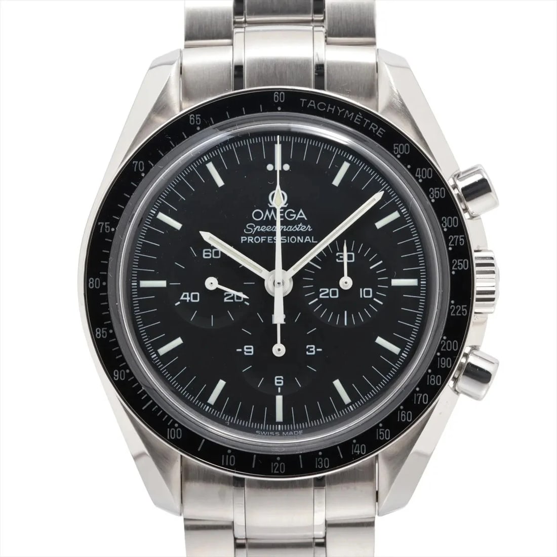 OMEGA SPEEDMASTER MOONWATCH PROFESSIONAL BLACK DIAL WATCH: Omega Speedmaster Moonwatch Professional Black Dial Watch Brand: Omega Type: Wristwatch Material: SS Color: Dial Color Black Size: Case:W1.6 x H1.6inch / W42 x H42Circumference of Wrist:7.9inch / 20