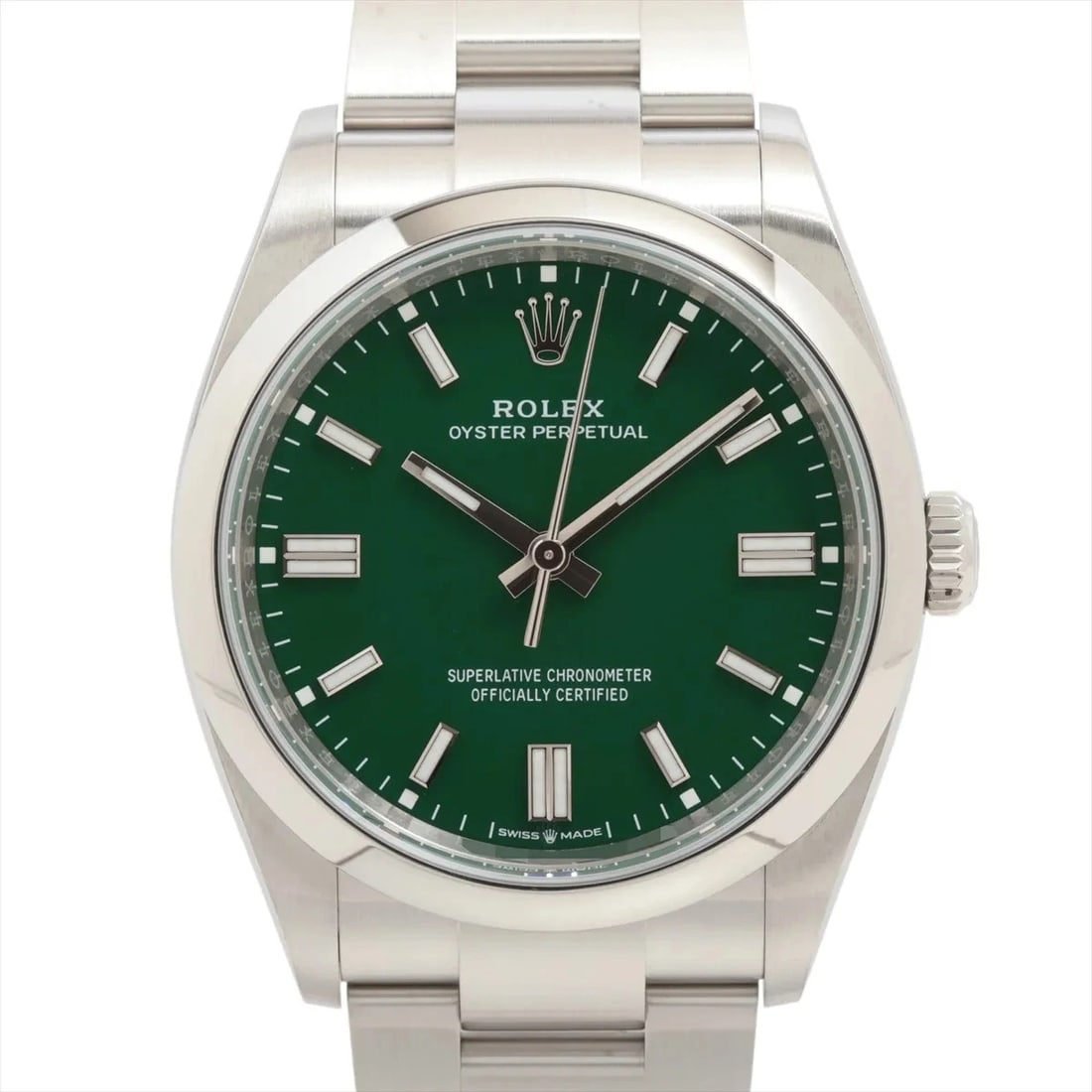 ROLEX OYSTER PERPETUAL GREEN-FACE WATCH: Rolex Oyster Perpetual Green-Face Watch Brand: Rolex Type: Wristwatch Material: SS Color: Dial Color green Size: Case:W1.2 x H1.2inch / W36 x H36Circumference of Wrist:7.1inch / 18 Accessories: No