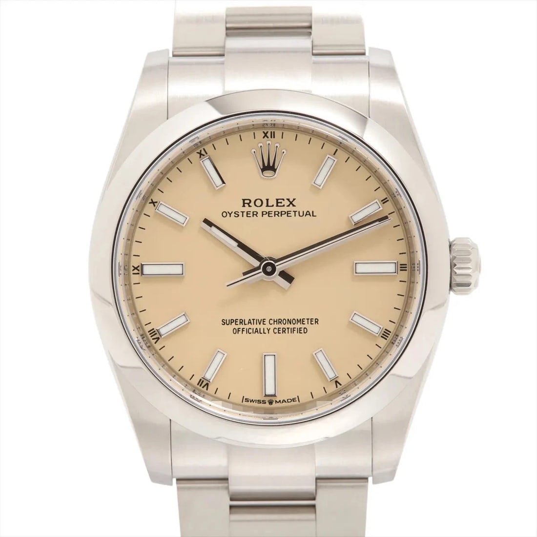 ROLEX OYSTER PERPETUAL BEIGE DIAL WATCH: Rolex Oyster Perpetual Beige Dial Watch Brand: Rolex Type: Wristwatch Material: SS Color: Dial Color beige Size: Case:W1.2 x H1.2inch / W34 x H34Circumference of Wrist:7.1inch / 18 Accessories: No