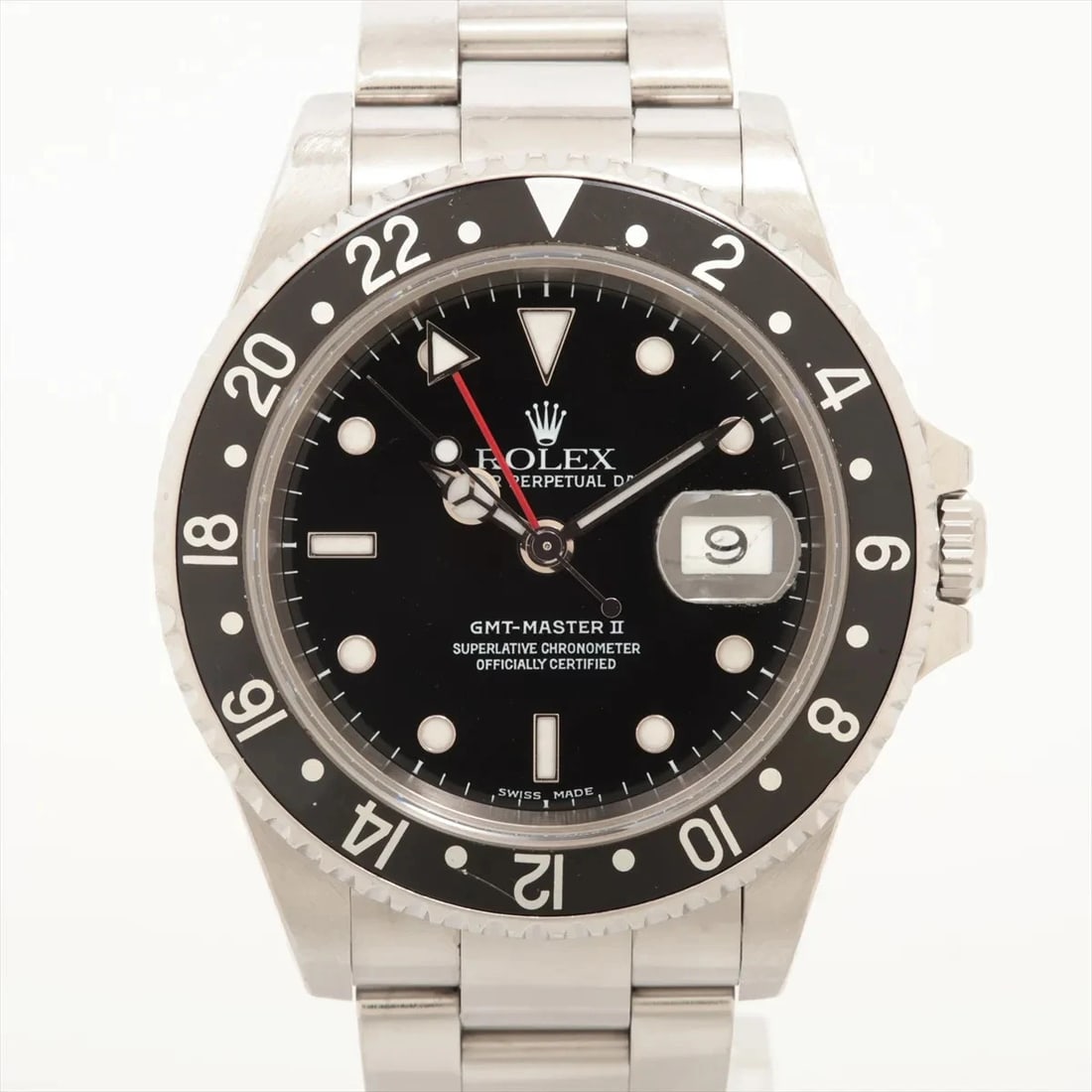 ROLEX GMT MASTER II BLACK DIAL WATCH: Rolex GMT Master II Black Dial Watch Brand: Rolex Type: Wristwatch Material: SS Color: Dial Color Black Size: Case:W1.6 x H1.6inch / W40 x H40 Circumference of Wrist:6.7inch / 17 Accessories: None