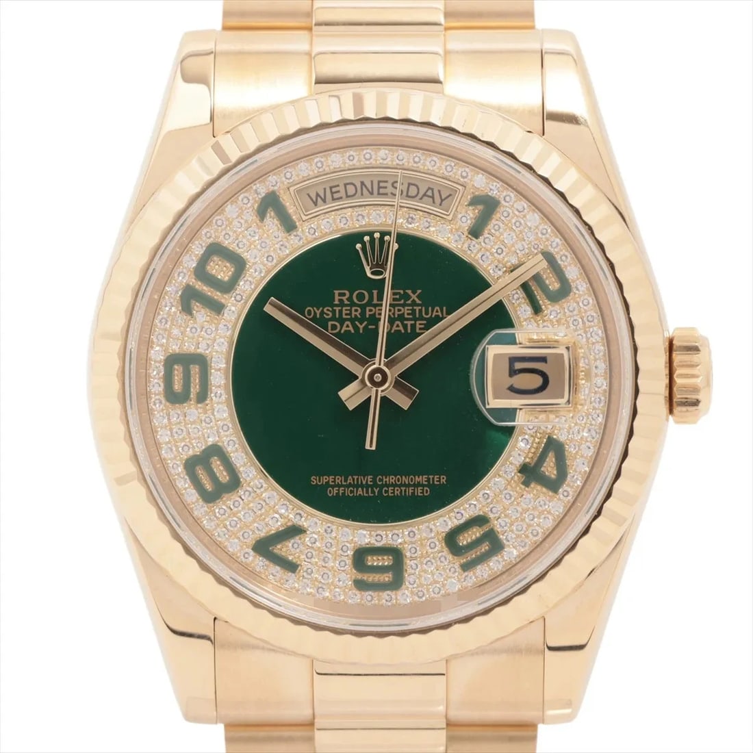 ROLEX DAY-DATE GREEN-FACE WATCH: Rolex Day-Date Green-Face Watch Brand: Rolex Type: Wristwatch Material: YG Color: Dial Color green Size: Case:W1.2 x H1.2inch / W36 x H36 Circumference of Wrist:6.5inch / 16.5 Accessories: None