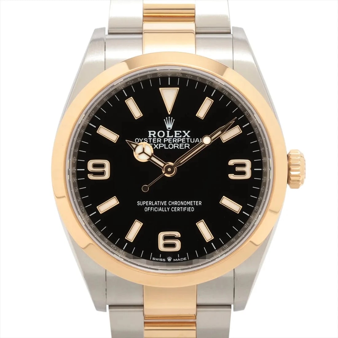 ROLEX EXPLORER BLACK DIAL WATCH: Rolex Explorer Black Dial Watch Brand: Rolex Type: Wristwatch Material: SS×YG Color: Dial Color Black Size: Case:W1.2 x H1.2inch / W36 x H36 Circumference of Wrist:7.3inch / 18.5 Accessories: None