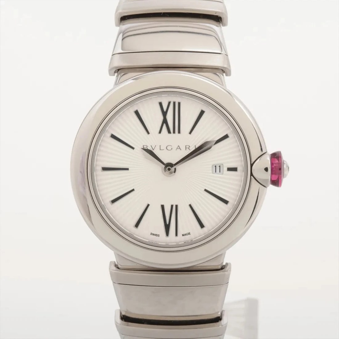BVLGARI LUCEA SILVER-FACE WATCH: Bvlgari Lucea Silver-Face Watch Brand: Bvlgari Type: Wristwatch Material: SS Color: Dial Color silver Size: Case:W0.8 x H0.8inch / W28 x H28 Circumference of Wrist:5.5inch / 14 Accessories: None <