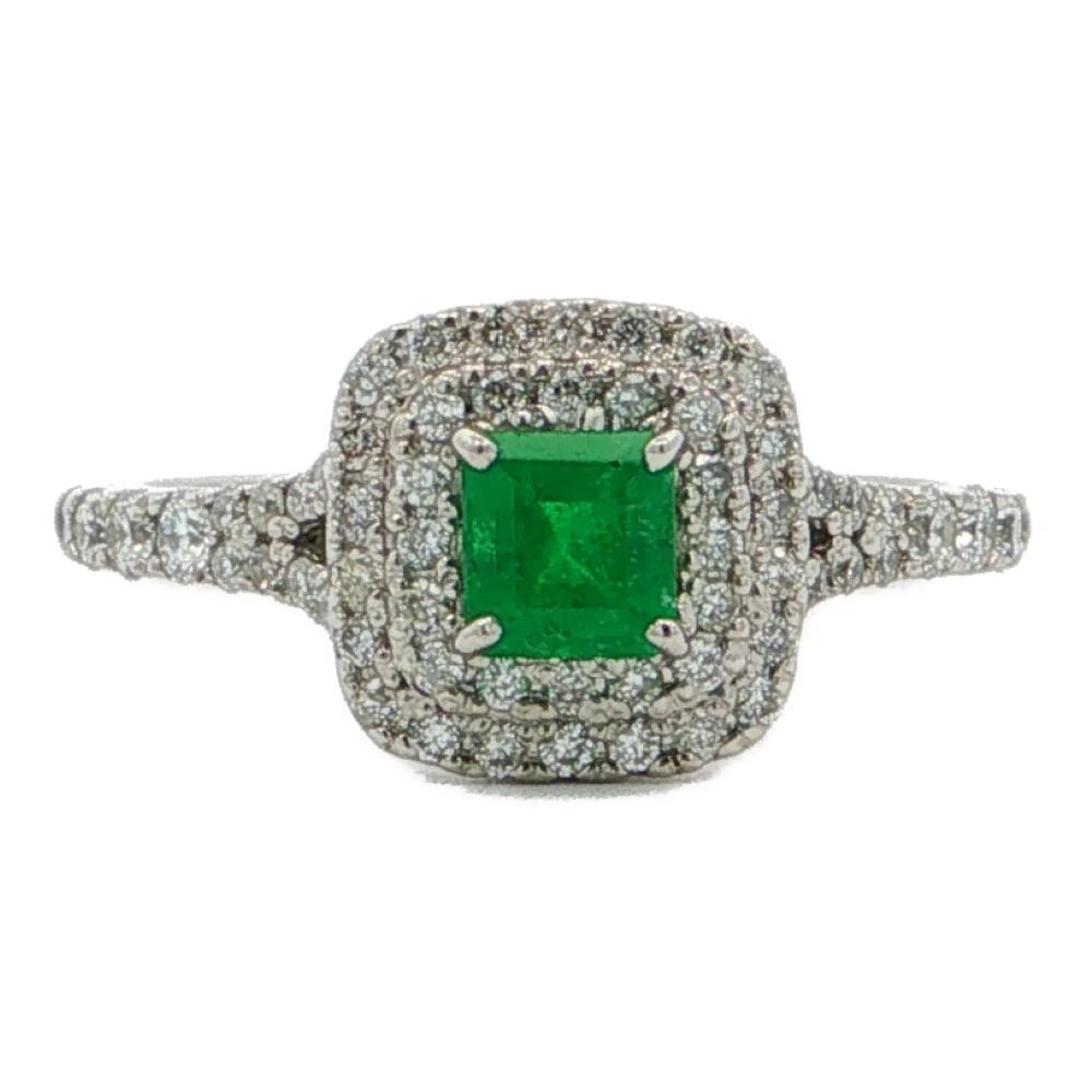 PT900 COLOMBIAN EMERALD DIAMOND DOUBLE HALO RING: Pt900 Colombian Emerald Diamond Double Halo Ring Brand: Bespoke Design Type: Ring Material: Pt900 Emerald Diamond, Main Stone/Creation Natural Color: Platinum Size: US :6.25 Accessories: None