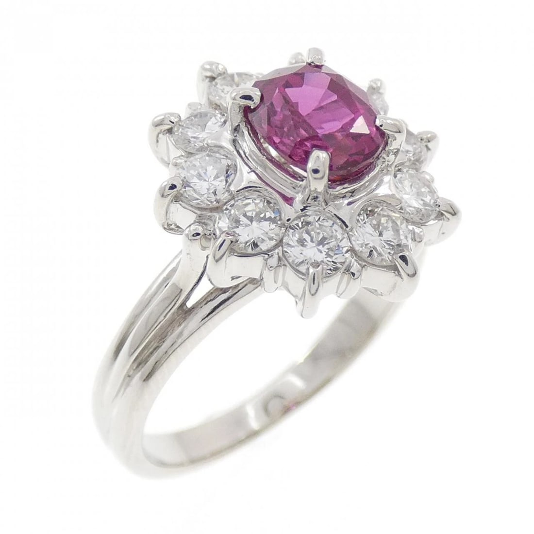 PT900 RUBY RING: PT900 Ruby Ring Brand: Unbranded Type: Ruby Ring Material: Platinum900, Main Stone/Creation Ruby Secondary Stone Diamond Color: Platinum Size: US 4 1/2 Accessories: None Accessories Notice: When