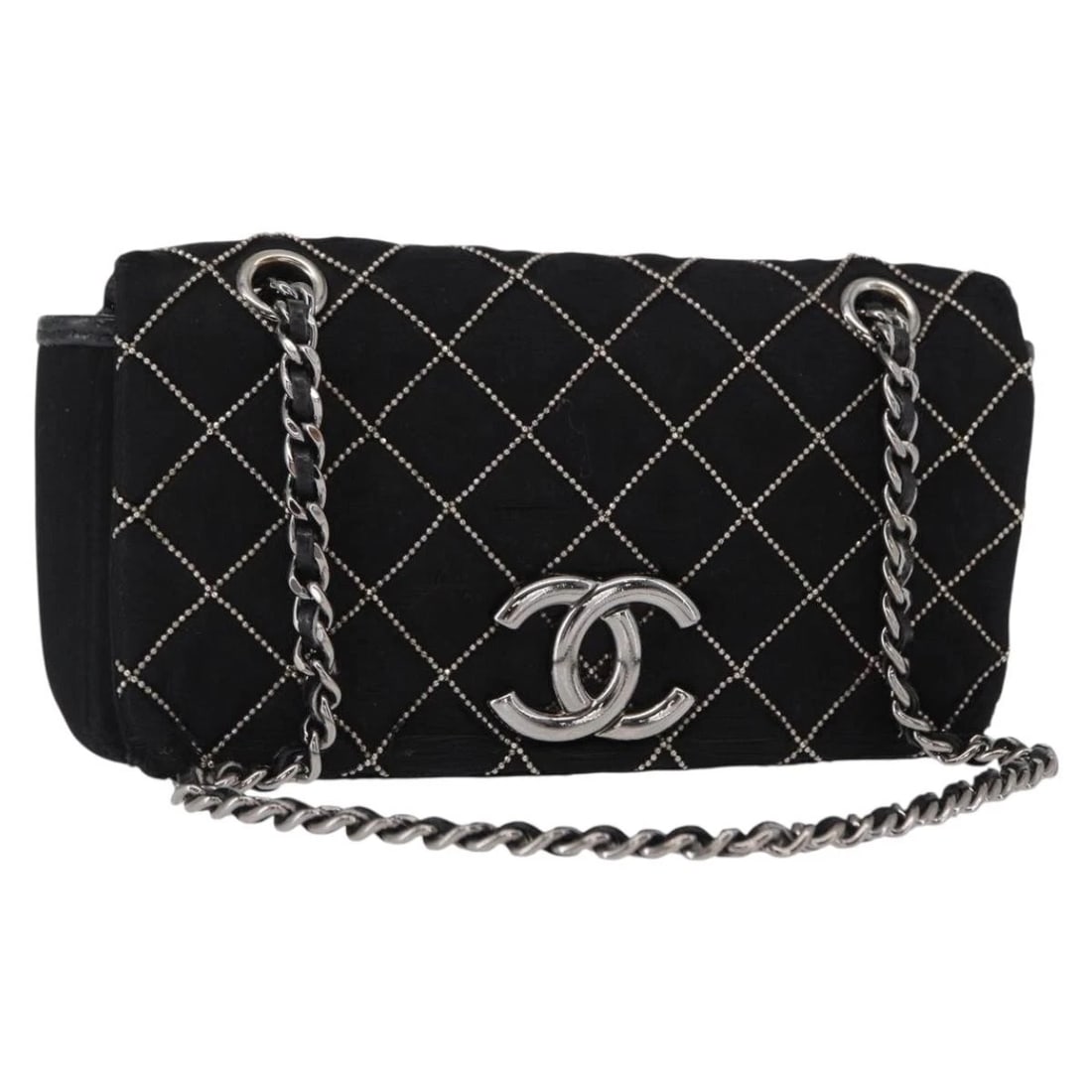 CHANEL MATELASSE CHAIN SHOULDER BAG: CHANEL Matelasse Chain Shoulder Bag Brand: CHANEL Type: Shoulder Bag Material: Satin Color: Black/Silver Size: W6.7 x H3.1 x D1.2inch(Approx) Accessories: None Accessories Notice: When pur