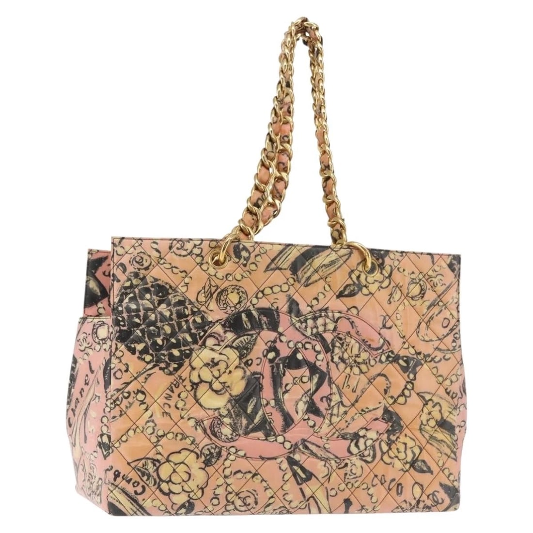 CHANEL MATELASSE FLORAL PATTERN CHAIN BAG COATED: CHANEL Matelasse floral Pattern Chain Bag Coated Brand: CHANEL Type: Shoulder Bag Material: Coated Canvas Color: Pink/Gold Size: W15.4 x H11.4 x D7.9inch(Approx) Accessories: None Accessor