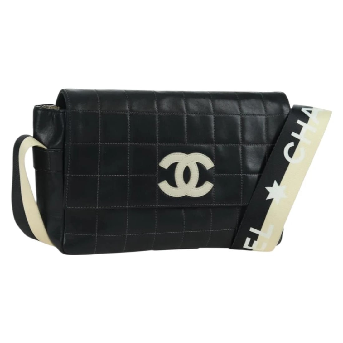 CHANEL CHOCO BAR SHOULDER BAG LAMB SKIN BLACK: CHANEL Choco Bar Shoulder Bag Lamb Skin Black Brand: CHANEL Type: Shoulder Bag Material: Lamb Skin Color: Black/Gold Size: W9.1 x H5.9 x D2.4inch(Approx) Accessories: None Accessories Noti