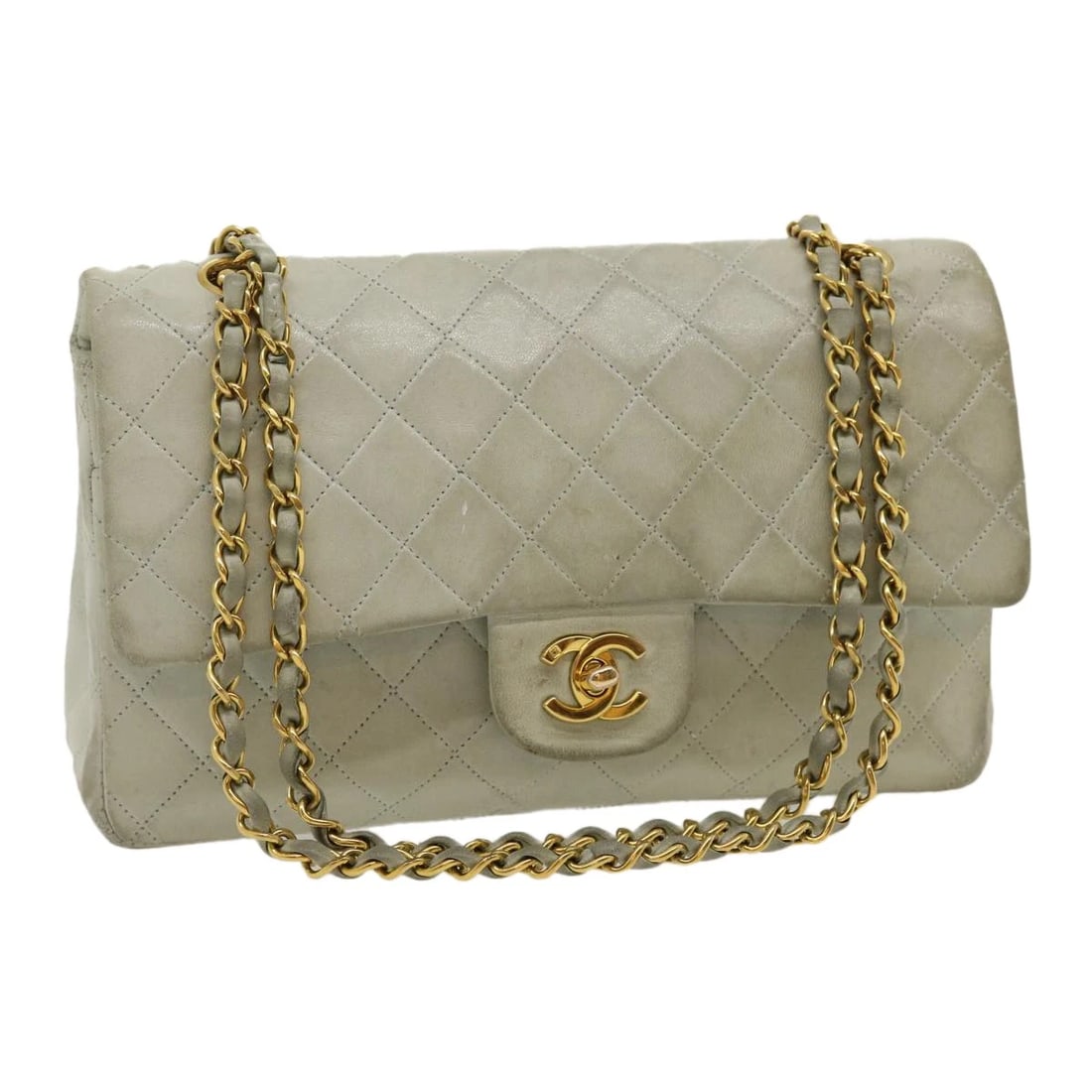 CHANEL CLASSIC MATELASSE 25 DOUBLE CHAIN FLAP SHOULDER BAG: CHANEL Classic Matelasse 25 Double Chain Flap Shoulder Bag Brand: CHANEL Type: Shoulder Bag Material: Leather/Lamb Skin Color: Light Blue/Gold Size: W10.2 x H6.3 x D3.1inch(Approx) Accessories: No