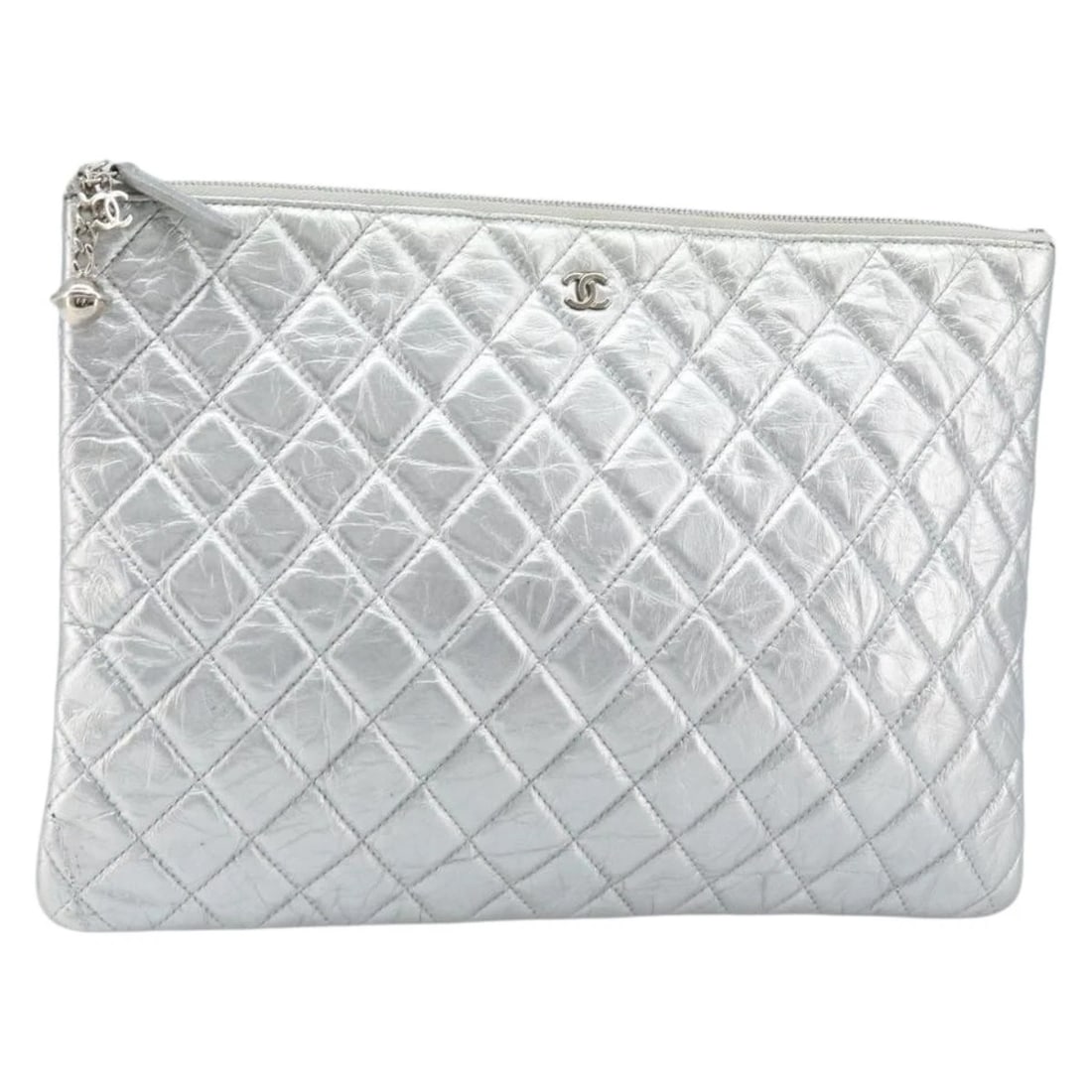 CHANEL MATELASSE CLUTCH BAG CALF SKIN SILVER: CHANEL Matelasse Clutch Bag Calf Skin Silver Brand: CHANEL Type: Clutch Bag Material: Leather Color: Silver Size: W13.0 x H9.1inch(Approx) Accessories: None Accessories Notice: When purchasing