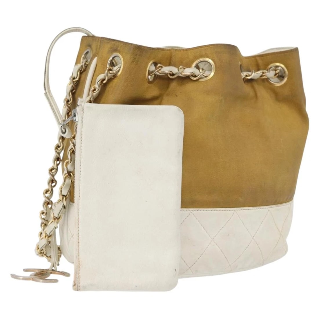 CHANEL MATELASSE DRAWSTRING CHAIN SHOULDER BAG LEATHER: CHANEL Matelasse Drawstring Chain Shoulder Bag Leather Brand: CHANEL Type: Shoulder Bag Material: Leather Color: Beige/Gold Size: W8.3 x H7.9 x D5.1inch(Approx) Accessories: None Accessori