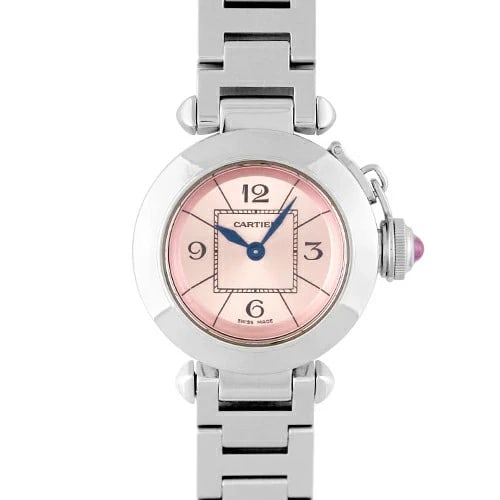 CARTIER MISS PASHA WATCH: Cartier Miss Pasha Watch Brand: Cartier Type: Wristwatch Material: ss Color: Dial Color pink Size: Size: 27mm Accessories: None Accessories Notice: When purchasing pre-owned goods, please