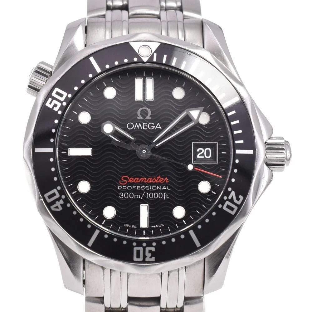 OMEGA SEAMASTER BLACK QUARTZ WATCH: OMEGA Seamaster black Quartz Watch Brand: OMEGA Type: Wristwatch Material: Case Material Stainless Steel, Band Material Stainless Steel Color: Case Color Silver, Dial Color black, Band color Silver