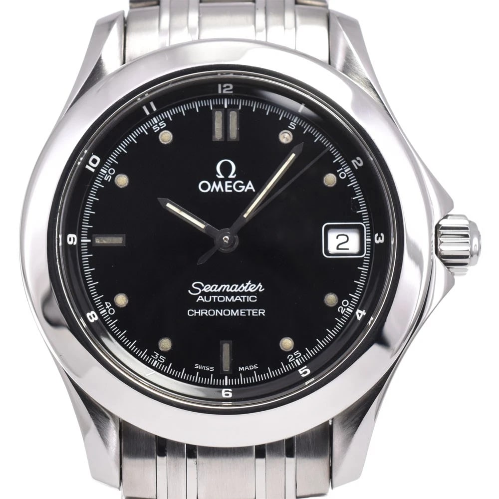 OMEGA SEAMASTER BLACK AUTOMATIC WATCH: OMEGA Seamaster black Automatic Watch Brand: OMEGA Type: Wristwatch Material: Case Material Stainless Steel, Band Material Stainless Steel Color: Case Color Silver, Dial Color black, Band color Silver