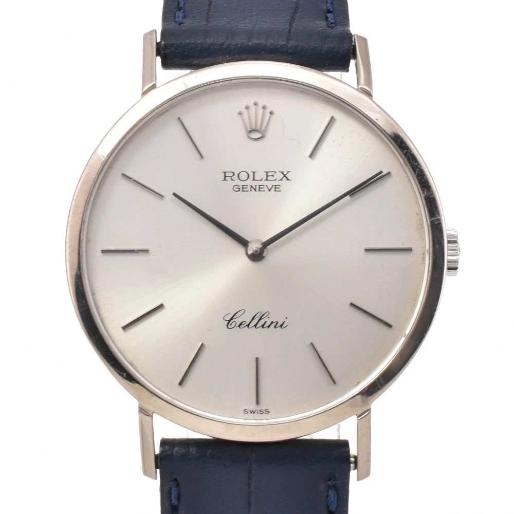 ROLEX CHERINI K18WG WATCH: ROLEX Cherini K18WG Watch Brand: ROLEX Type: Wristwatch Material: Case Material K18WG, Band Material leather Color: Case Color White gold, Dial Color Silver, Band color blue Size: Case size About 32mm
