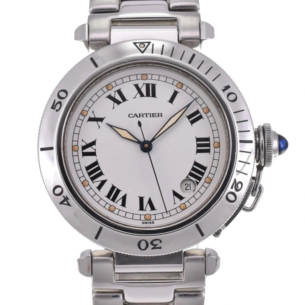 CARTIER PASHA DATE WATCH: CARTIER Pasha Date Watch Brand: CARTIER Type: Wristwatch Material: Case Material Stainless Steel, Band Material Stainless Steel Color: Case Color Silver, Dial Color Silver, Band color Silver Size: