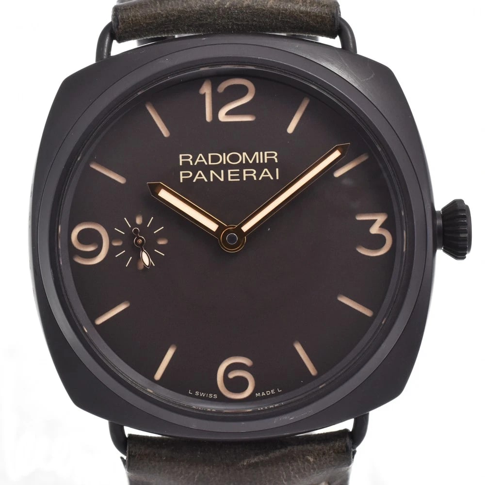PANERAI RADIOMIR COMPOSITE WATCH: PANERAI Radiomir Composite Watch Brand: PANERAI Type: Wristwatch Material: Case Material Composite, Band Material leather Color: Case Color black, Dial Color black, Band color khaki Size: Case size Ab