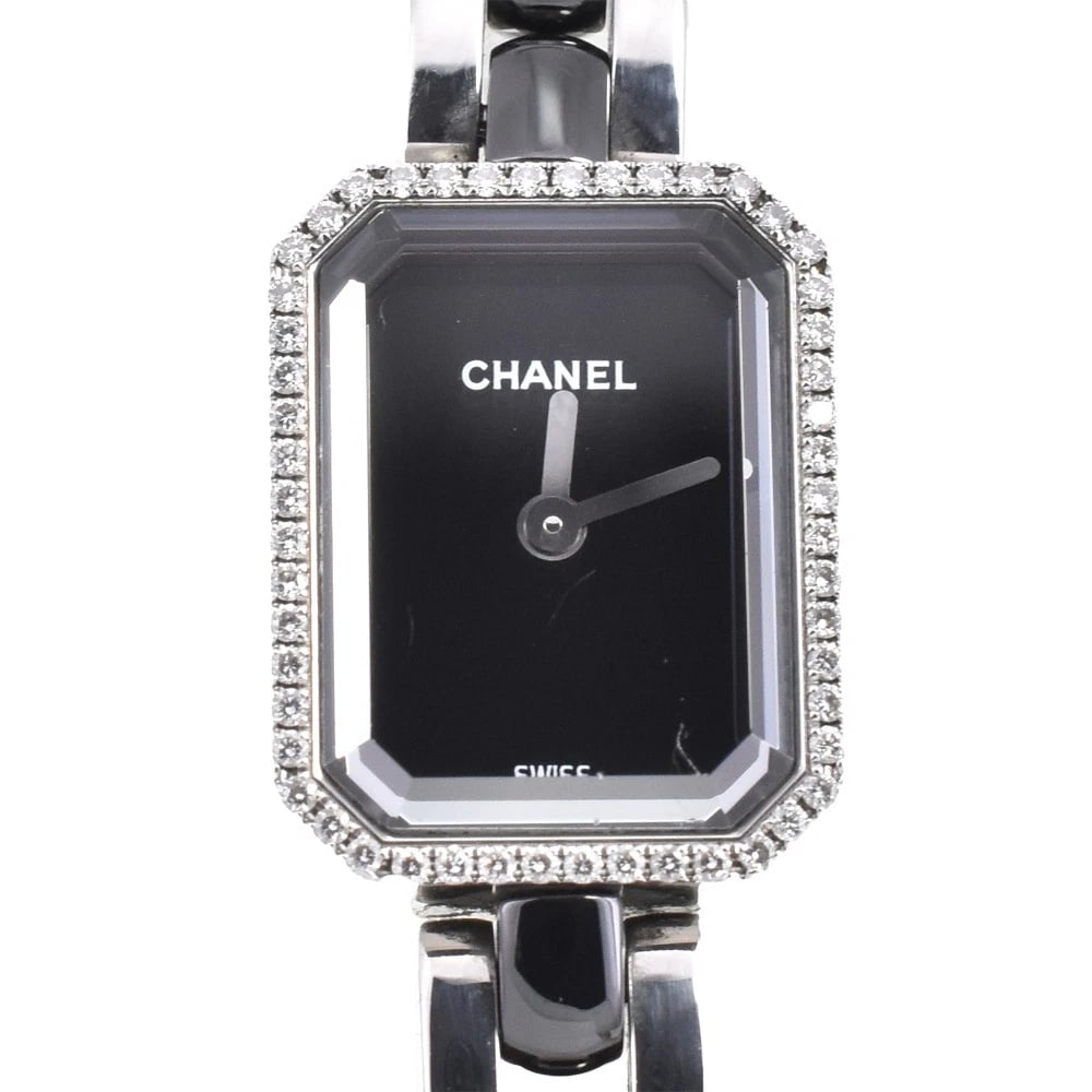 CHANEL PREMIERE DIAMOND BLACK QUARTZ WATCH: CHANEL Premiere Diamond black Quartz Watch Brand: CHANEL Type: Wristwatch Material: Case Material Stainless Steel, Band Material Stainless Steel / ceramic Color: Case Color Silver, Dial Color black, B
