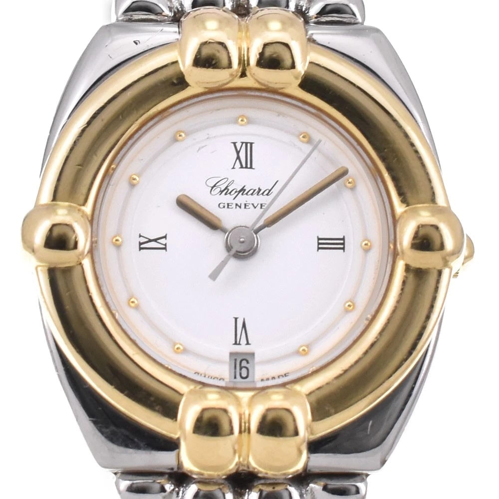CHOPARD GSTAAD DATE WHITE QUARTZ WATCH: Chopard gstaad Date white Quartz Watch Brand: Chopard Type: Wristwatch Material: Case Material Stainless Steel/YG, Band Material Stainless Steel Color: Case Color Silver / Gold, Dial Color white, Band