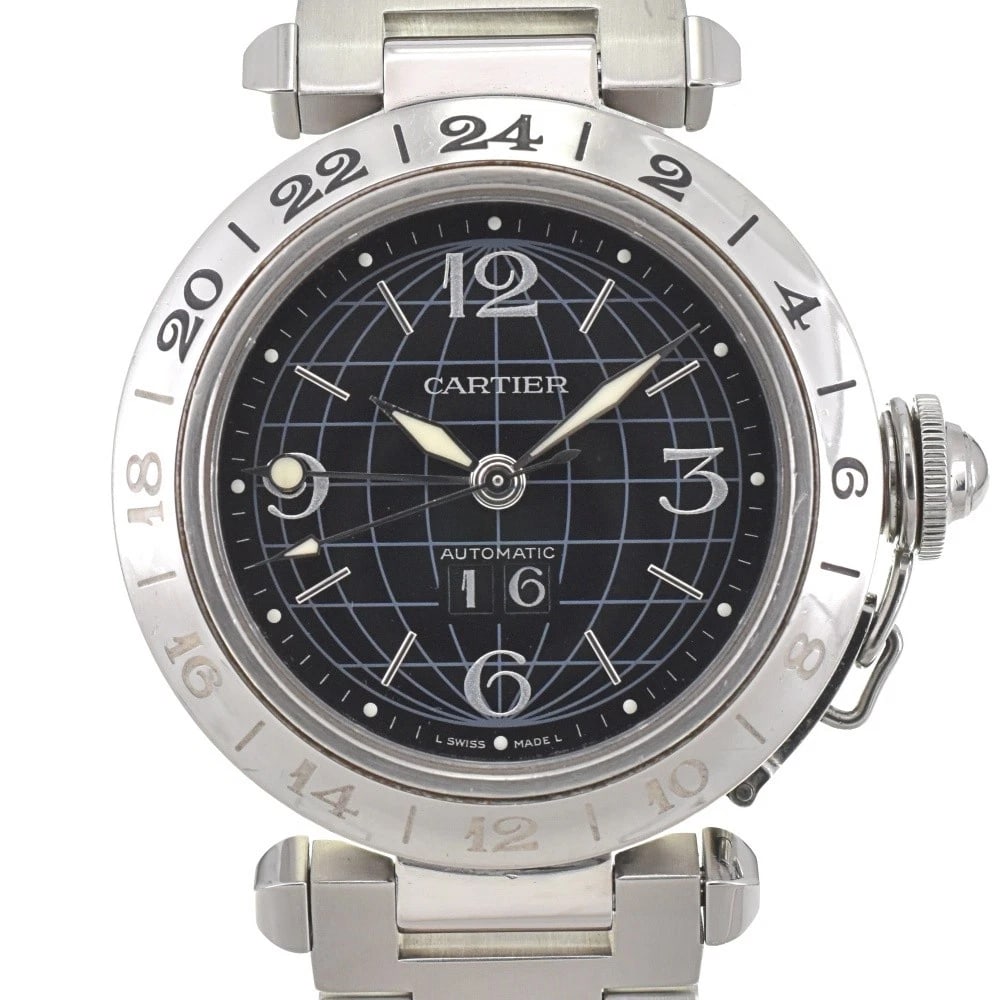 CARTIER PASHA DATE WATCH: CARTIER Pasha Date Watch Brand: CARTIER Type: Wristwatch Material: Case Material Stainless Steel, Band Material Stainless Steel Color: Case Color Silver, Dial Color black, Band color Silver Size: Case