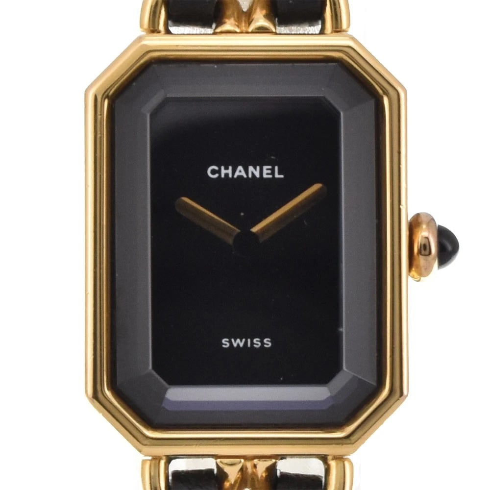CHANEL PREMIERE GOLD PLATED LEATHER BLACK QUARTZ WATCH: CHANEL Premiere Gold Plated Leather black Quartz Watch Brand: CHANEL Type: Wristwatch Material: Case Material Gold Plated, Band Material Gold Plated / Leather Color: Case Color gold, Dial Color black,