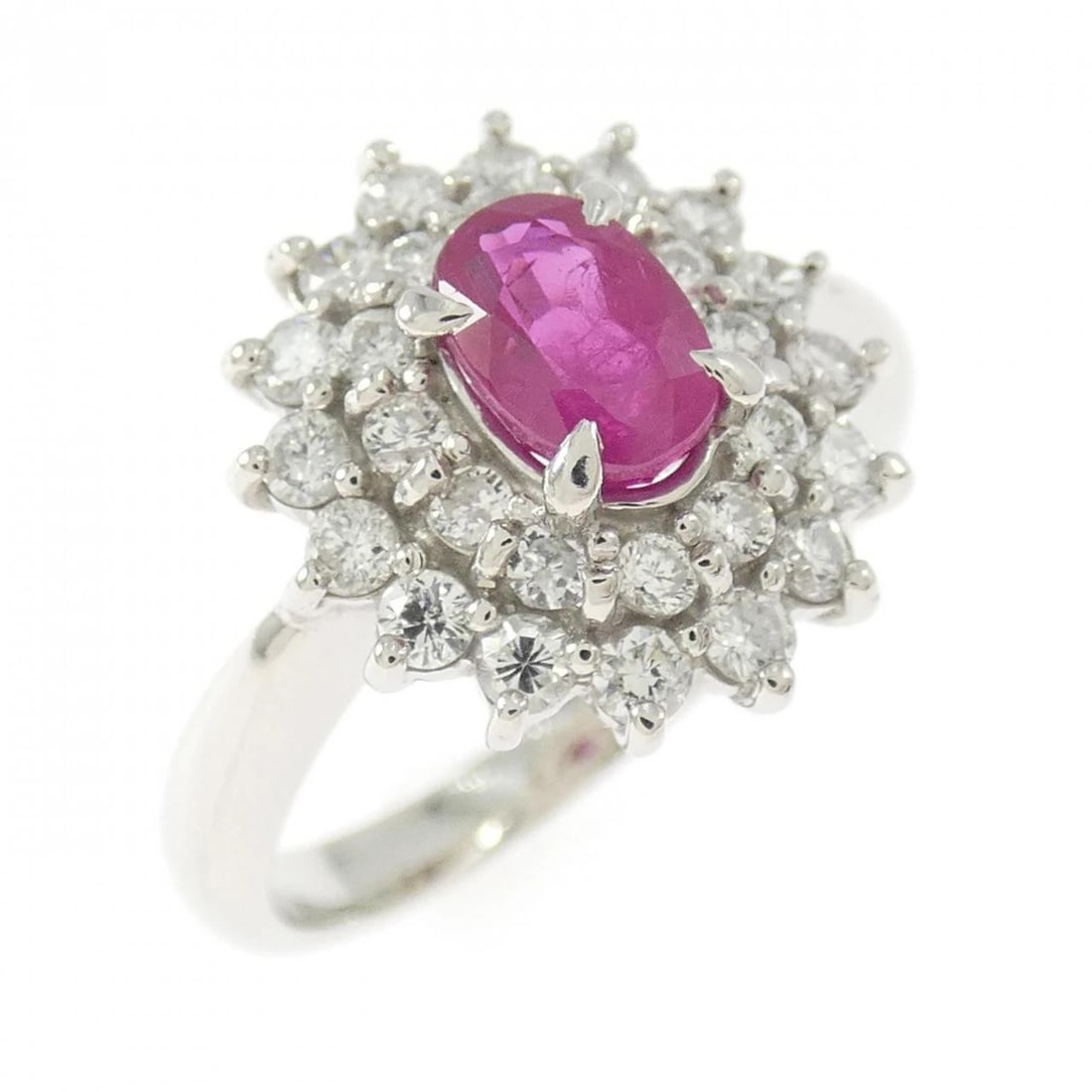 PT850 RUBY RING: PT850 Ruby Ring Brand: Unbranded Type: Ruby Ring Material: Platinum850, Main Stone/Creation Ruby Secondary Stone Diamond Color: Platinum Size: US 5 1/2 Accessories: None Accessories Notice: When