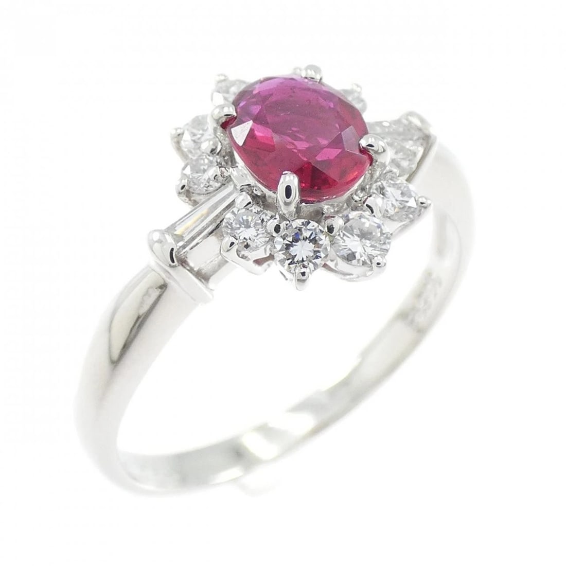 PT900 RUBY RING: PT900 Ruby Ring Brand: Unbranded Type: Ruby Ring Material: Platinum900, Main Stone/Creation RubySecondary Stone Diamond Color: Platinum Size: US 6 1/4 Accessories: None Accessories Notice:
