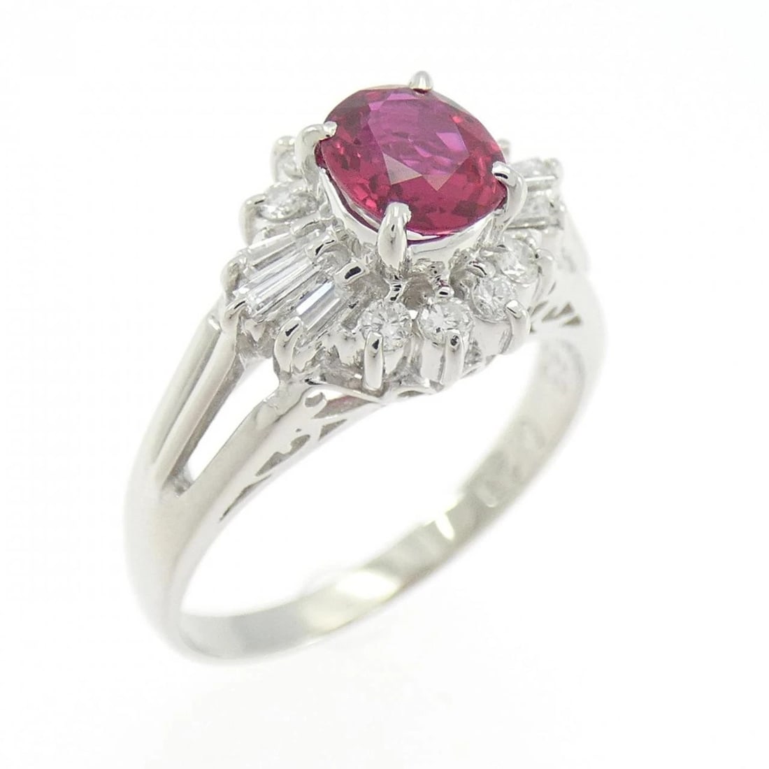 PT900 RUBY RING: PT900 Ruby Ring Brand: Unbranded Type: Ruby Ring Material: Platinum900, Main Stone/Creation RubySecondary Stone Diamond Color: Platinum Size: US 5 3/4 Accessories: None Accessories Notice: