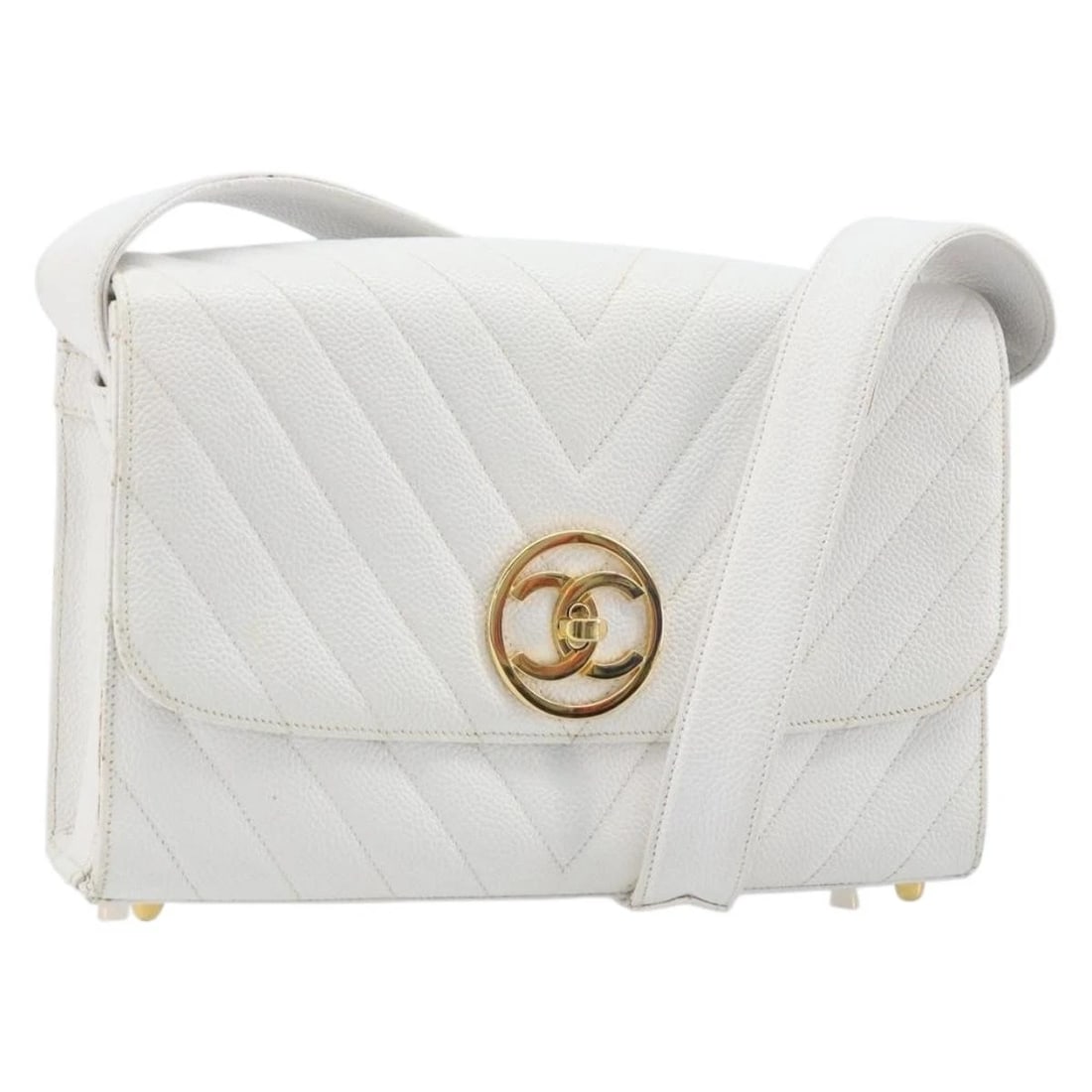 CHANEL V STITCH SHOULDER BAG GRAINED CALF SKIN WHITE GOLD: CHANEL V Stitch Shoulder Bag Grained Calf Skin White Gold Brand: CHANEL Type: Shoulder Bag Material: Caviar Skin Color: White/Gold Size: W9.8 x H6.3 x D2.8inch(Approx) Accessories: None Ac
