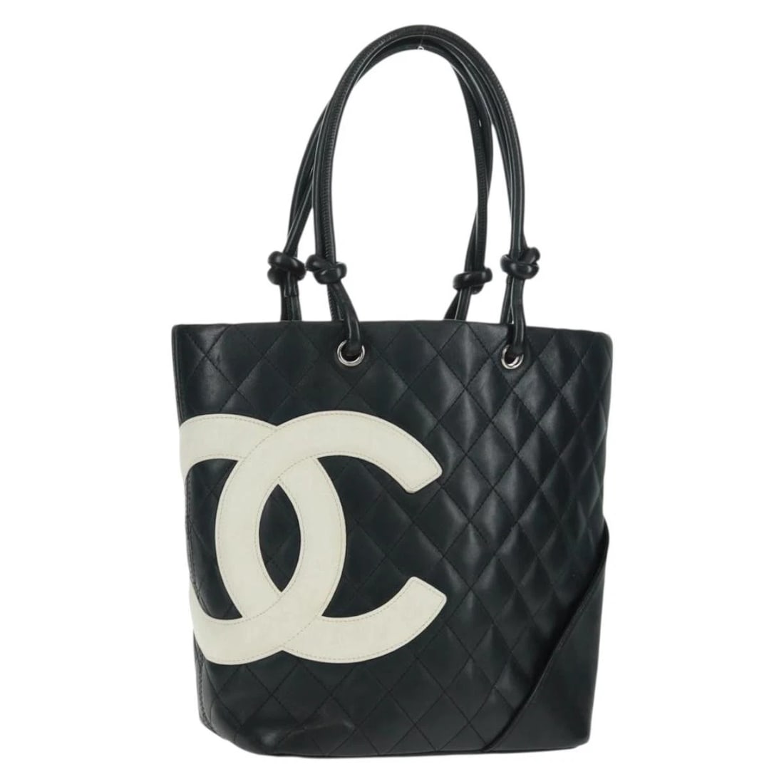 CHANEL CAMBON LINE TOTE BAG LAMB SKIN BLACK SILVER: CHANEL Cambon Line Tote Bag Lamb Skin Black Silver Brand: CHANEL Type: Tote Bag Material: Leather/Lamb Skin Color: Black/Silver Size: W7.9 x H9.4 x D4.3inch(Approx) Accessories: None Acces