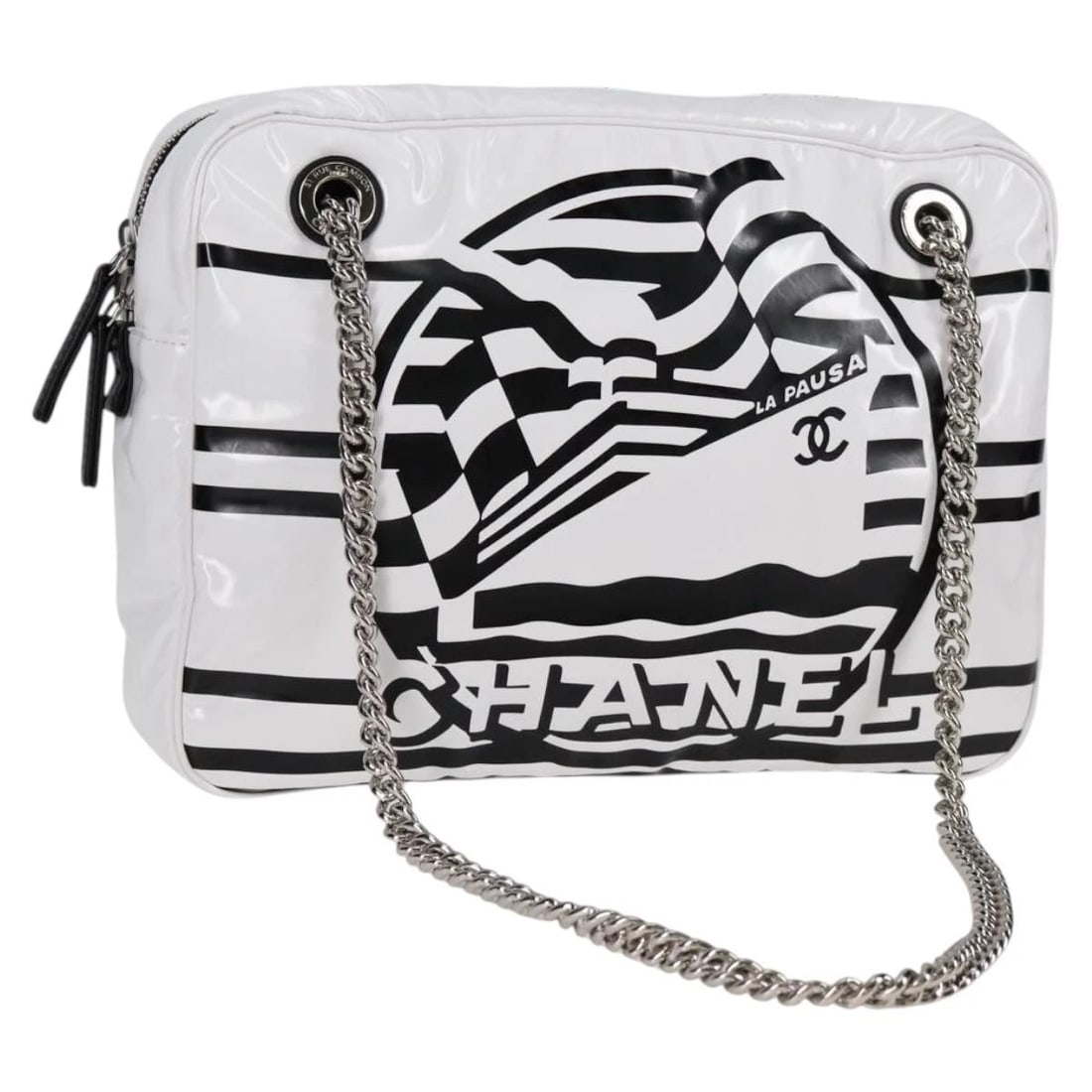 CHANEL CRUISE LINE CHAIN SHOULDER BAG VINYL WHITE SILVER: CHANEL Cruise line Chain Shoulder Bag Vinyl White Silver Brand: CHANEL Type: Shoulder Bag Material: Vinyl Color: White/Silver Size: W10.6 x H7.9 x D2.4inch(Approx) Accessories: None Access