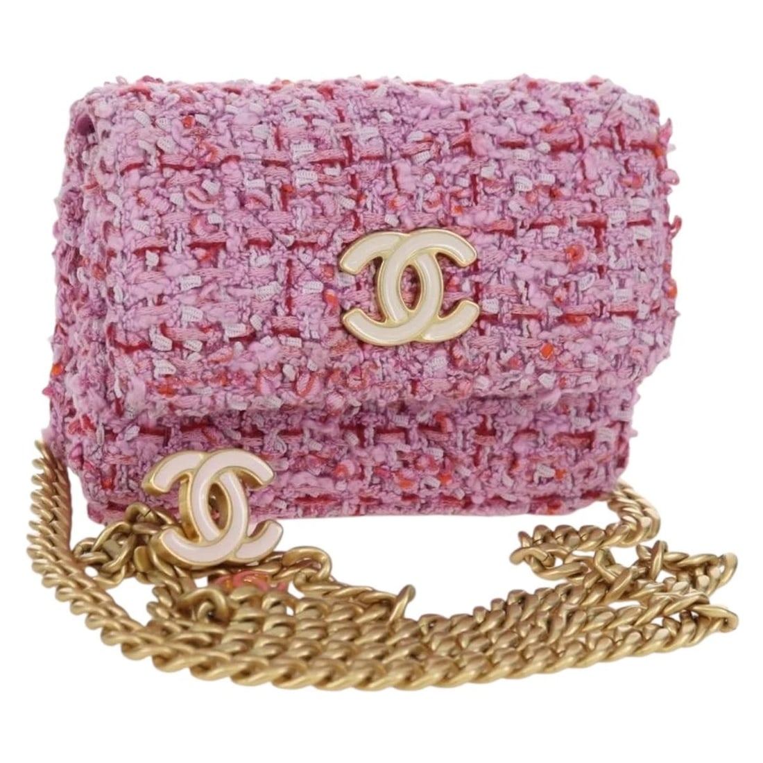 CHANEL CHAIN BELT BAG SHOULDER BAG TWEED PINK GOLD: CHANEL Chain Belt Bag Shoulder Bag Tweed Pink Gold Brand: CHANEL Type: Shoulder Bag Material: Leather Color: Pink/Gold Size: W4.7 x H3.5 x D1.2inch(Approx) Accessories: None Accessories No