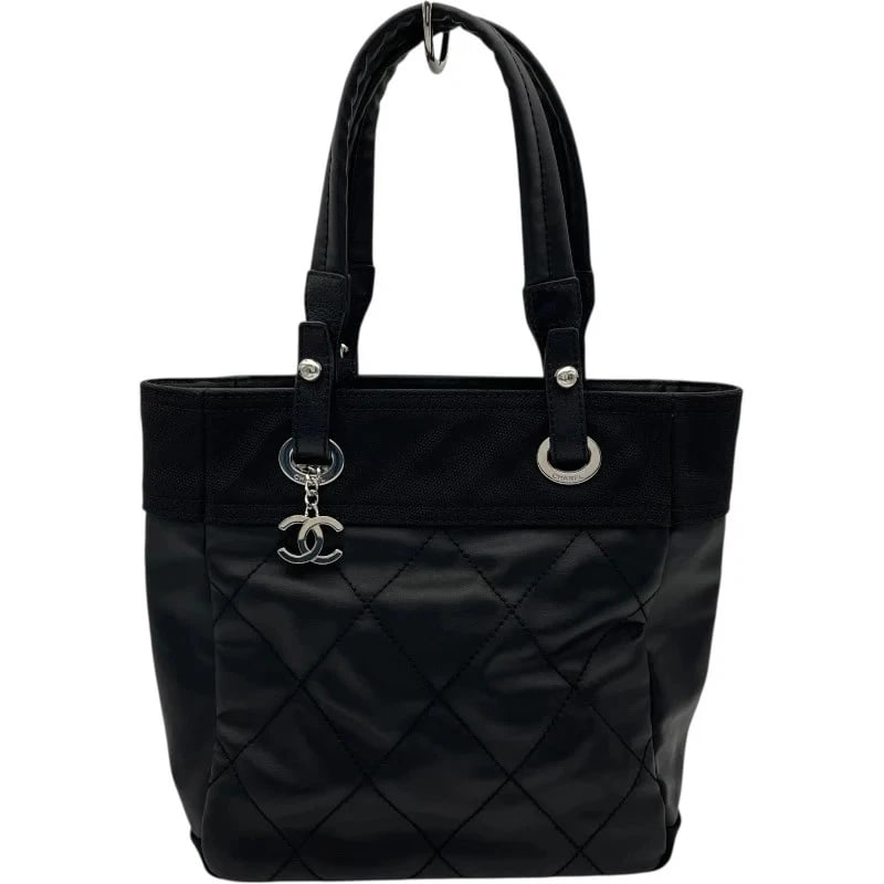 CHANEL PARIS BIARRITZ TOTE PM BLACK SHW COATED CANVAS: CHANEL Paris Biarritz Tote PM Black SHW Coated Canvas Brand: CHANEL Type: Handbag Material: Coated Canvas Color: Black SV Hardware Size: W: 25.5cm / H: 28cm / D: 10.5cm Accessories: None A