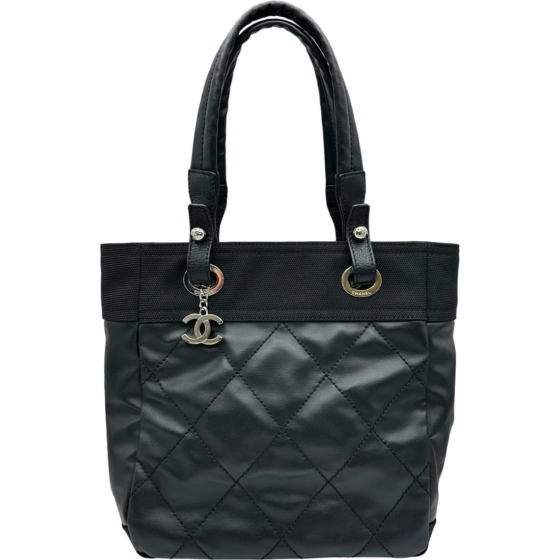 CHANEL PARIS BIARRITZ TOTE PM BLACK SHW COATED CANVAS: CHANEL Paris Biarritz Tote PM Black SHW Coated Canvas Brand: CHANEL Type: Handbag Material: Coated Canvas Color: Black / SV Hardware Size: W: 25cm / H: 27cm / D: 11cm Accessories: None Acc
