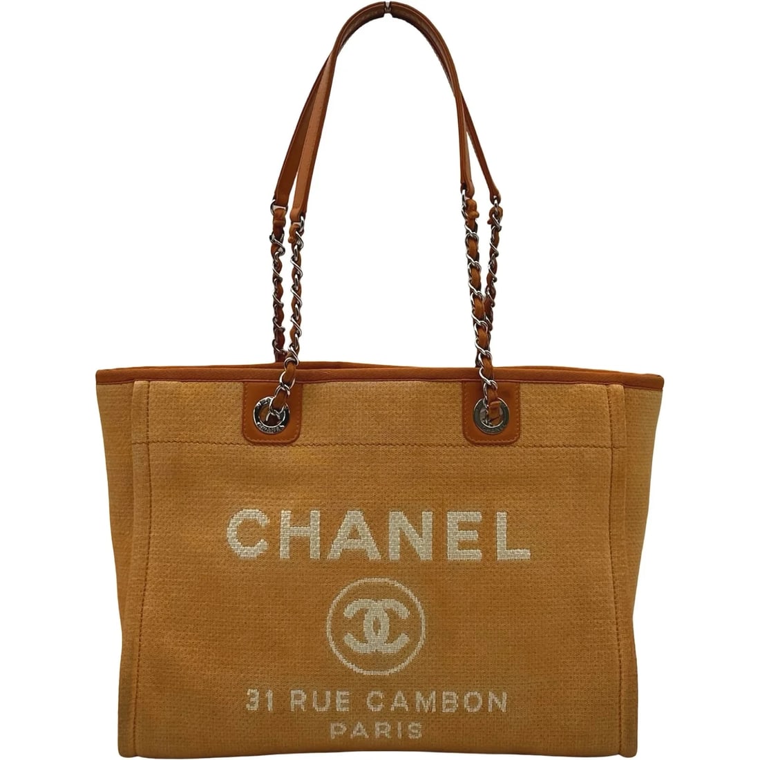 CHANEL DEAUVILLE CHAIN TOTE: CHANEL Deauville Chain Tote Brand: CHANEL Type: Handbag Material: Canvas Color: orange Size: W: 34.5cm / H: 27cm / D: 16cm Accessories: None Accessories Notice: When purchasing pre-owned g