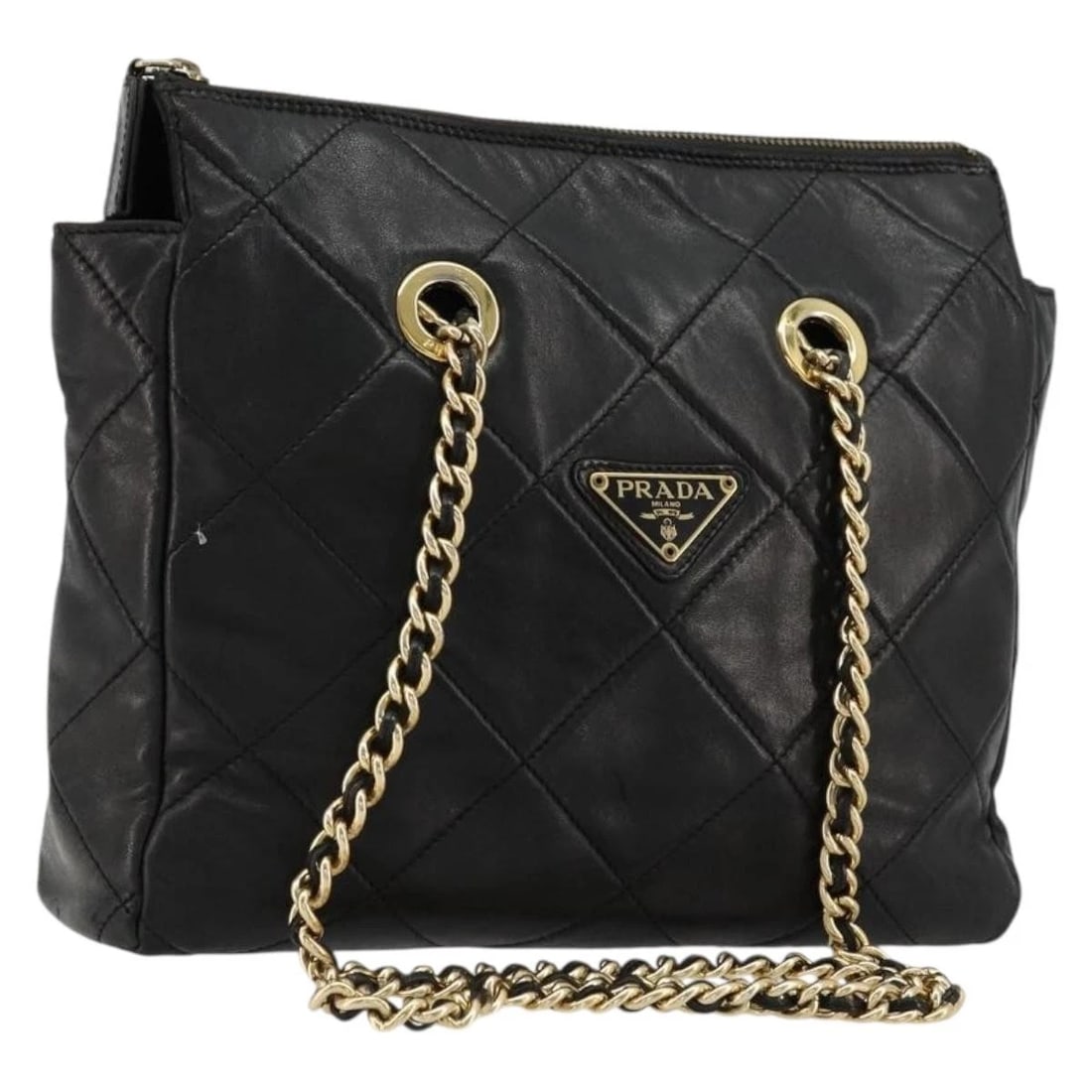 PRADA QUILTED CHAIN SHOULDER BAG LAMB SKIN: PRADA Quilted Chain Shoulder Bag Lamb Skin Brand: PRADA Type: Shoulder Bag Material: Lamb Skin Color: Black/Gold Size: W9.8 x H8.7 x D2.0inch(Approx) Accessories: None Accessories Notice:
