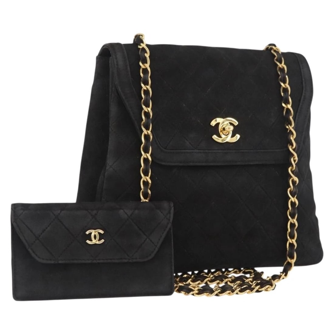CHANEL MATELASSE CHAIN SHOULDER BAG SUEDE BLACK: CHANEL Matelasse Chain Shoulder Bag Suede Black Brand: CHANEL Type: Shoulder Bag Material: Suede Color: Black/Gold Size: W9.8 x H7.9 x D2.4inch(Approx) Accessories: None Accessories Notice