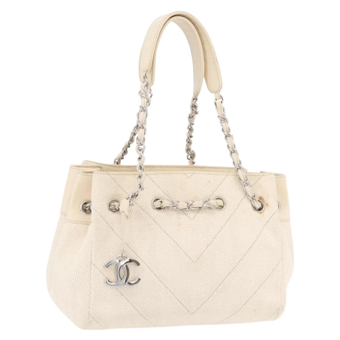 CHANEL CHAIN V STITCH SHOULDER BAG: CHANEL Chain V Stitch Shoulder Bag Brand: CHANEL Type: Shoulder Bag Material: Canvas Color: Beige/Silver Size: W10.6 x H7.5 x D5.9inch(Approx) Accessories: None Accessories Notice: When pu
