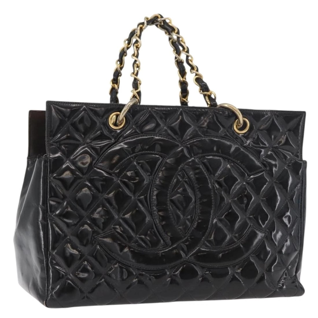 CHANEL MATELASSE CHAIN HAND BAG PATENT LEATHER: CHANEL Matelasse Chain Hand Bag Patent Leather Brand: CHANEL Type: Hand Bag Material: Patent Leather Color: Black/Gold Size: W13.4 x H9.4 x D7.1inch(Approx) Handle Drop:5.9inch(Approx) Accessories