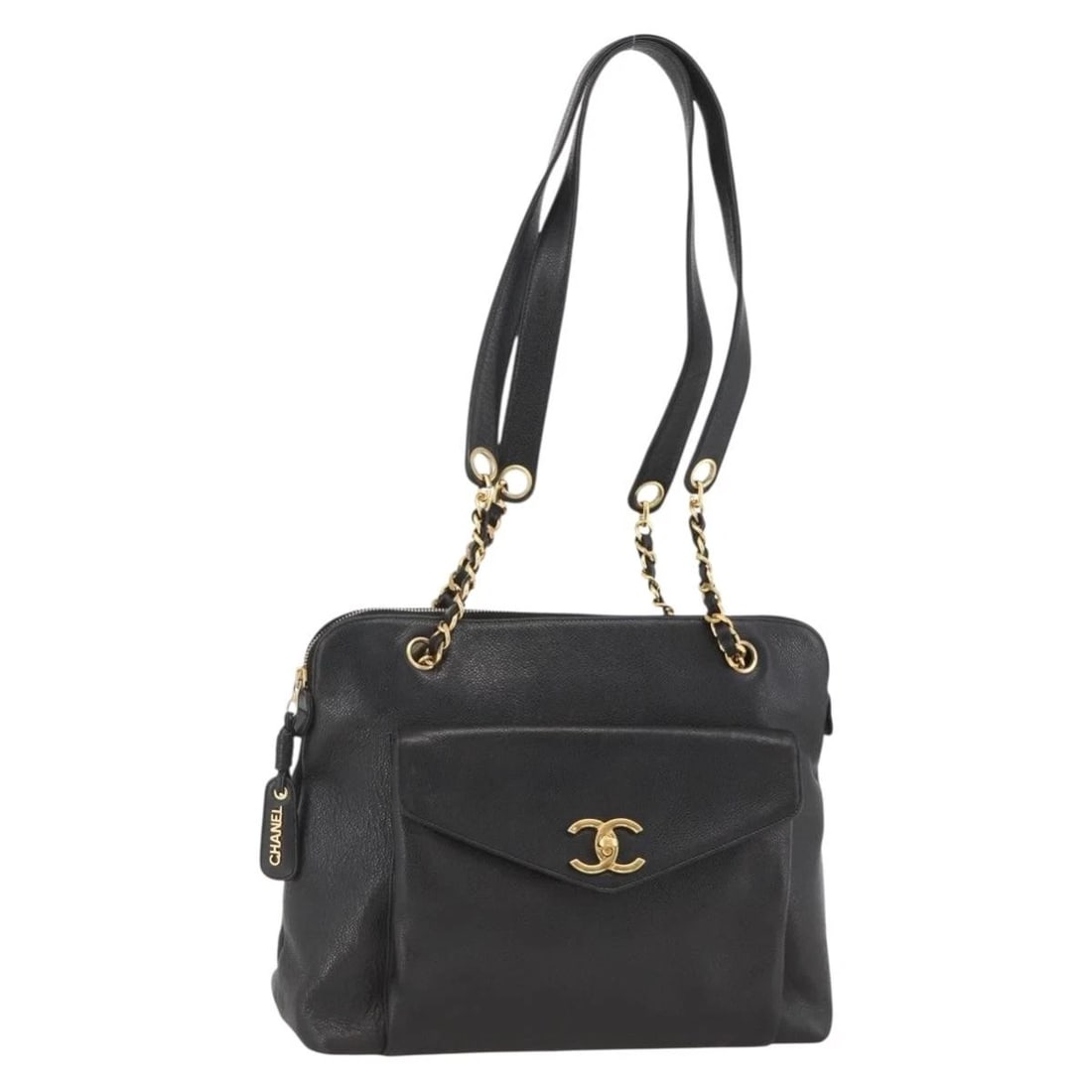 CHANEL MATELASSE CHAIN TOTE BAG GRAINED: CHANEL Matelasse Chain Tote Bag Grained Brand: CHANEL Type: Tote Bag Material: Caviar Skin Color: Black/Gold Size: W13.0 x H9.8 x D4.7inch(Approx) Handle Drop:14.2inch(Approx) Accessories: None